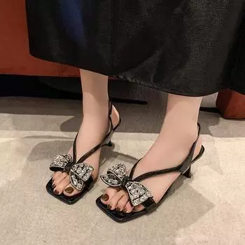 2024 Summer New High-heeled Sandals Female Fairy Wind Bow Rhinestones Fashion One-line Belt Stiletto Sandals 34 чёрный