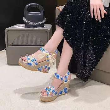 2024 summer new high-heeled wedge heel one-character fish mouth sandals women s thick-soled color matching cool slippers women 35 красный
