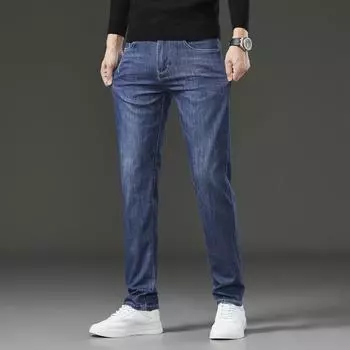 2024 Летние новые джинсы мужские прямые облегающие эластичные повседневные брюки молодежные мужские брюки 28 темно-синий
