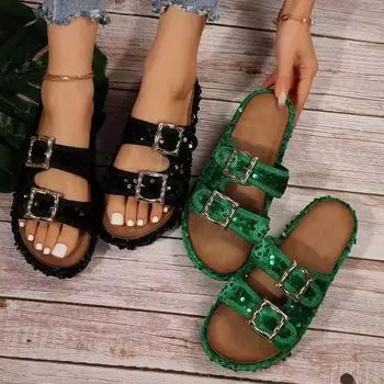 2024 Summer New Large Open Toe Slippers Women s Metal Chain Flat Bottom Slippers Outdoor Beach Sandals 36-42 36 зелёный