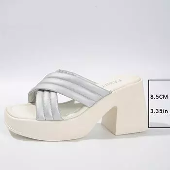 2024 summer new large size women s high heel cross sandals square head grid heel height 8.5cm 36 чёрный