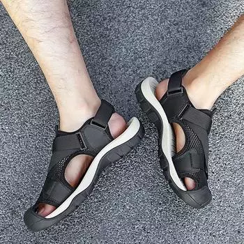 2024 summer new leather beach shoes large size men s sandals bag head outdoor breathable non-slip casual hollow sandals 38 чёрный