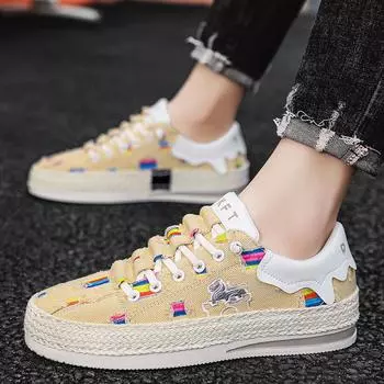 2024 summer new men s low-top canvas shoes platform-soled student skateboard shoes live broadcast versatile sports Hong Kong style men s shoes 39 чёрный