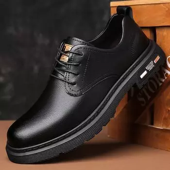 2024 summer new men s shoes black casual leather shoes youth work kitchen platform lace-up chef work trendy shoes 38 чёрный