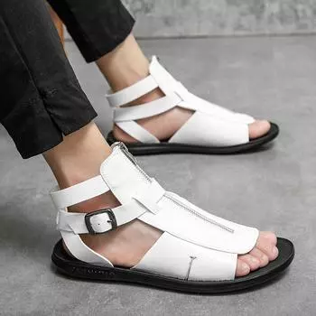 2024 Summer New Men Shoe Fashion Casual Black/white Roman Ribbons Combination High Top Flat Heel Breathable Comfortable Sandals 38 чёрный