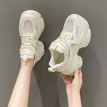 2024 Summer New Mesh Breathability Platform Sneakers for Women Casual Lace-up Shoes Comfortable Slim Running Shoe Beige White 35 бежевый