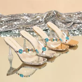 2024 summer new niche transparent thick high heels flower slippers actress heel sandals high heel slippers sandals 34 серебряный