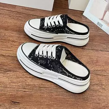 2024 summer new one-pedal bag head mesh hollow hole sandals half drag women wear ins thick-soled sandals 35