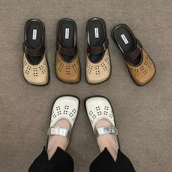 2024 summer new outer wear bag head slippers women s retro versatile Muller shoes square head one pedal half drag hole shoes 35