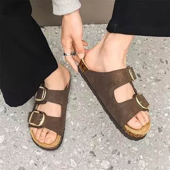 2024 summer new sandals couple leather high version soft sole outer wear slippers one pedal breathable lazy shoes 35