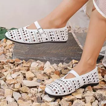 2024 летние новые сандалии на плоской подошве с небольшим носком, женские сандалии с пряжкой и круглым носком, модные повседневные сандалии 36 белый