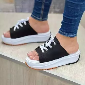 2024 Summer New Slides Women Fish Mouth Canvas Shoes Fashion Open Toe Women s Shoes Thick Bottom Lace-Up Sandals and Slippers 35 белый