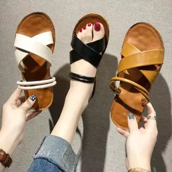 2024 Summer New Slippers Female Fashion Cross Strap Indoor Shoes Fashion Two Wear Sandals Slides Casual Outside Wear Flat Slides 35 бежевый