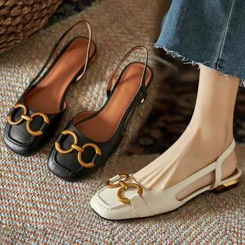 2024 summer new temperament French retro horse seat buckle breathable bag head sandals women s low heel rear air foreign trade 34 чёрный