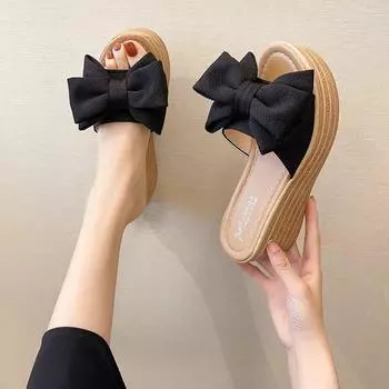 2024 летние новые водонепроницаемые тапочки с толстым дном и уклоном на каблуке, женские тапочки с бантом на высоком каблуке 35 жёлтый