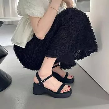 2024 summer new thick-heeled Roman thick-soled square head with sandals women s open-toed fashion temperament high-heeled sandals 35 чёрный