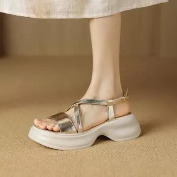 2024 summer new thick-soled cross-strapped Roman sandals women s casual wedge heel muffin bottom silver open-toed women s shoes 35 золотой