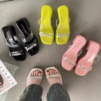 2024 summer new transparent one-word with thick-soled high-heeled slippers for women to wear rhinestone thick-heeled high-end cool slippers 35 чёрный