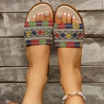 2024 Summer New Women s Flat Pearl Women s Beach Casual Slippers Bohemia Solid Color Flat Shoes Sandals Zapatillas Mujer 36 бежевый