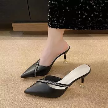 2024 Summer New Women s High Heels Fashion Pointed Toe Medium Heel Solid Color Baotou Large Size Women s Slippers Zapatos Mujer 34 бежевый