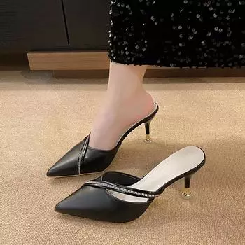 2024 Summer New Women s High Heels Fashion Pointed Toe Medium Heel Solid Color Baotou Large Size Women s Slippers Zapatos Mujer 34 бежевый