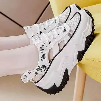 2024 Summer New Women s Hollow Breathable Mesh Cool Slippers Thick increase Sole Womens Shoes 35 чёрный