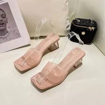 2024 Летние новые женские тапочки с квадратным носком и открытым носком, однотонные прозрачные сексуальные удобные туфли на высоком каблуке для женщин 35 розовый