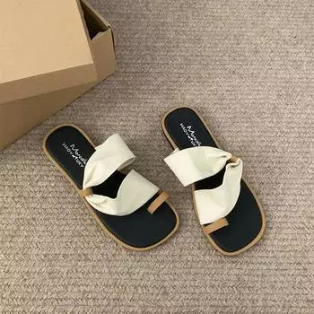 2024 Summer New Women Slipper Fashion Clip Toe Slip on Flip Flops Soft Flat Heel Outdoor Beach Vaction Ladies Slides 35 бежевый