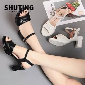 2024 Summer Open Toe Women Chunky Heels Shoes Casual Comfort Soft Sole Black White Fashion Buckles Fish Mouth Sandal 35(Foot22.5cm)