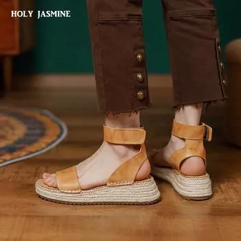 2024 Летние босоножки на платформе из натуральной кожи, женские сандалии с толстыми ремешками на щиколотке, женские весенние туфли для рыбалки на каникулах 34 жёлтый