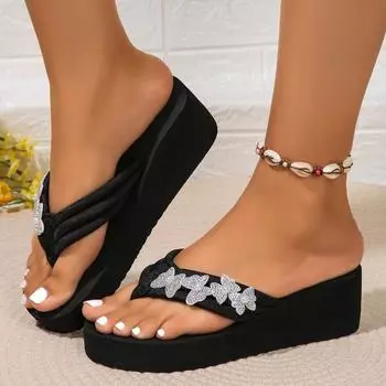 2024 Summer Sandals New Style Shiny Butterfly Flower Thick Sole Wedge Heel Round Toe Clip Comfortable Flip Flops for Women 36 чёрный