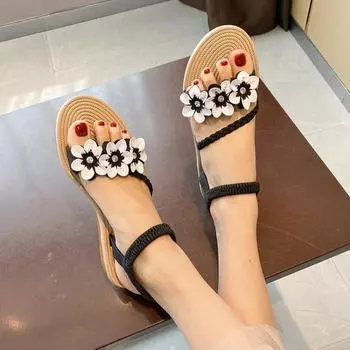 Летняя обувь 2024 года, новинка 2024 года, женские сандалии с цветами, разноцветные, с ремешком на щиколотке, повседневные пляжные сандалии с открытым носком, женская обувь 35 розовый