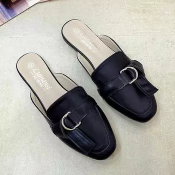 2024 Летняя обувь Плоские шлепанцы Женские однотонные кожаные мюли с закрытым носком Шлепанцы Бабуш Женские тапочки с пряжкой на ремне Женские сандалии 4.5 чёрный