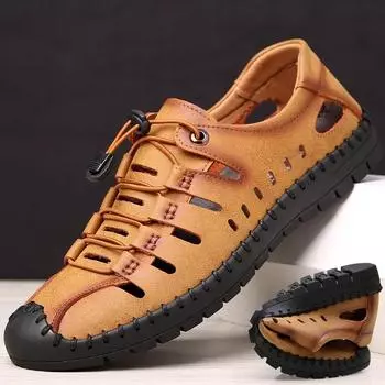 2024 Summer Shoes Men Sandals Genuine Leather Flat Non-slip Summer Holiday Male Footwear Black Yellow D078 6.5 чёрный