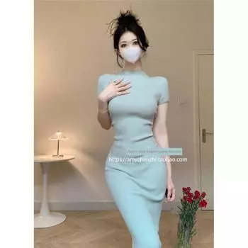 2024 Summer Silm Slim Looking Ice Silk Split Dress Blue-Green M