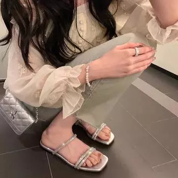 2024 Summer Square Head Water Diamond Flat Flat Slippers for Women 35 бежевый