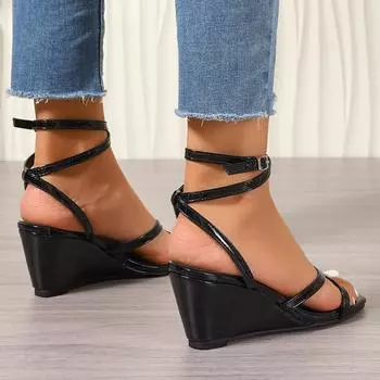 2024 летние босоножки на танкетке женские черные на высоком каблуке с надписью «маффин» однотонные крестообразные сексуальные римские сандалии 34 чёрный