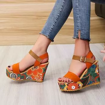 2024 Summer Wedge Sandals for Women Retro Ethnic Print Platform Shoes Ladies Casual Ankle Buckle Comfortable Sandalias De Mujer 35 чёрный