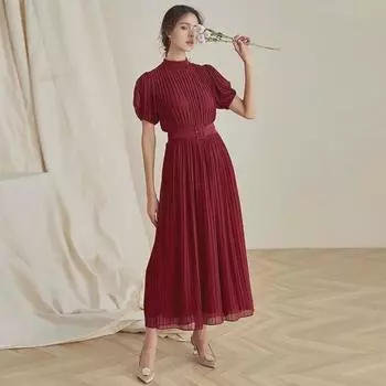 2024 Summer Wine Red Chiffon Elegant Swing Dress: European & American Style 2XL
