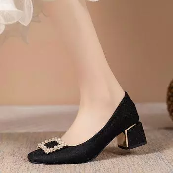 2024 Summer Women Crystal Beaded Shoes High Heels Chunky Shoes Fashion Luxury Dress Shoes Elegant Shallow Femme Pumps 35