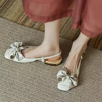 2024 Summer Women Flat Bow-knot Sandals Fashion Baotou Square Toe Low Heels Ladies Shoes Fashion Casual Light Sandalias De Mujer 34