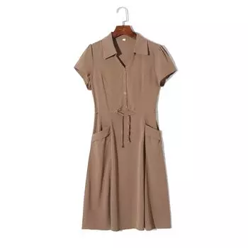 2024 Summer Women s Clothing K-style Minimalist Pure Color Elegant Lapel Pullover Short Sleeve High Waist Shoelace Slim Looking Dress Khakis 2XL