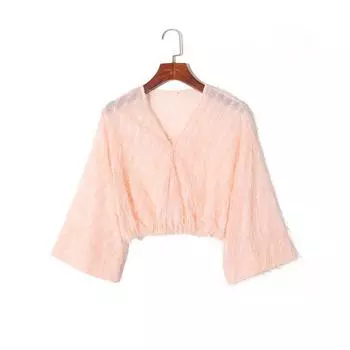 2024 Summer Women s Clothing K-style Fresh Pure Color Elegant V Neck Pullover Drop-Shoulder Sleeve Loose Youthful Short Shirt Pink M