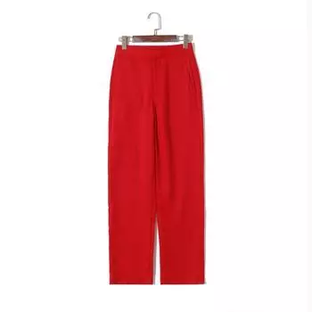 2024 Summer Women s Clothing Korean Style Fashion Simple Pure Color Casual Pants High Waist Double Pocket Loose Slimming Straight Pants Red XS