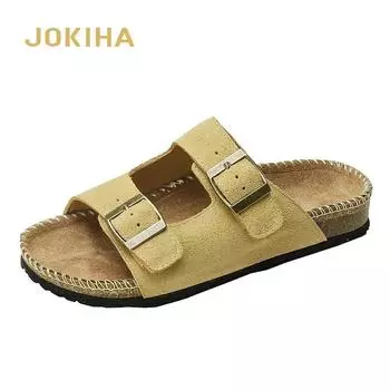 2024 Summer Women s Cork Slippers Cow Suede Leather Two Buckle Flats Sandals For Women Retro Fashion Garden Mule Clog Slides 35