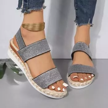 2024 Summer Women s Fashion Trend Non-slip Wear-resistant Comfortable Hemp Rope Sole Stretch Fabric Sequined Flat Sandals 36 чёрный