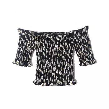 2024 Summer Women s French Style Retro Print Elegance Wooden Ear off-Shoulder Pullover Short Sleeve Silm Short Shirt Little Daisy S