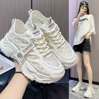 2024 Summer Women s New Thick Sole Comfortable Small Fragrant Casual Shoes Mesh Breathable Lightweight Running and Sports Shoes 35 бежевый