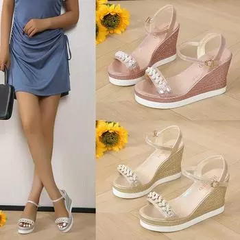2024 Summer Women s Sandals New Pearl Transparent Rhinestones High Heels Buckle Fashoin Ladies Wedge Sandals Female Beach Shoes 35 золотой