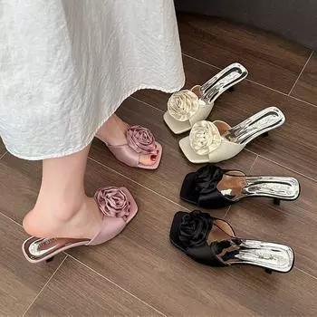 2024 SUMMER Women s Sandals Rhinestone & Flower Decor Low Heels, Elegant Point Toe Dress Pumps, Fashion Ankle Strap Heels 35 бежевый